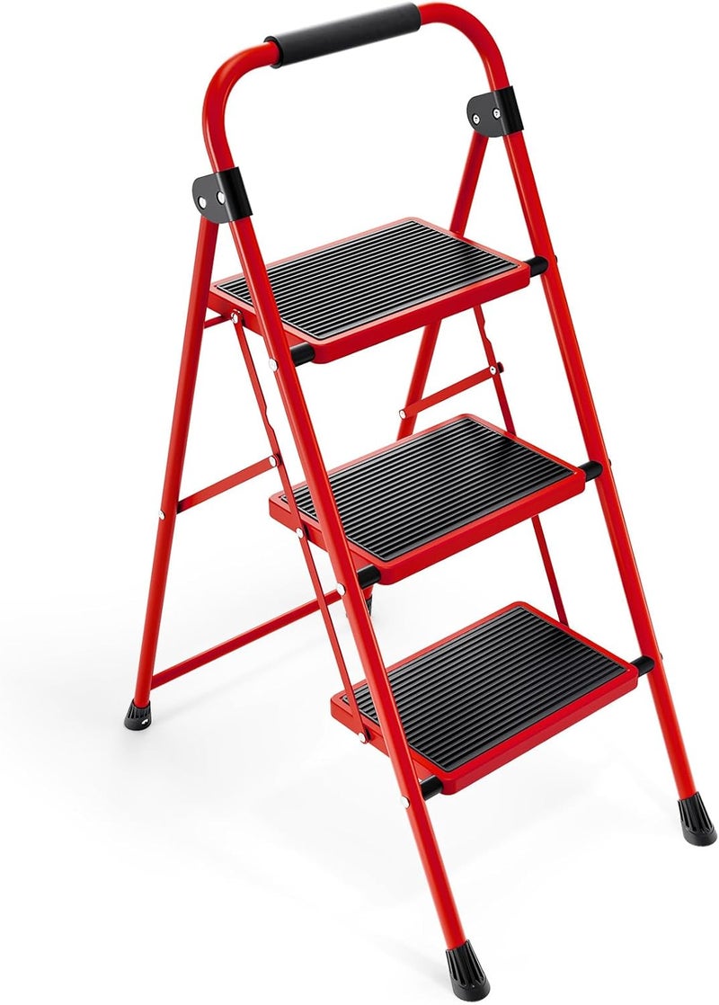 KINGRACK 3 Step Ladder, Folding Step Stool with Anti-Slip and Wide Pedal, Lightweight Stepladder with Handrails, Portable for Kitchen, Household, Red - Image 1